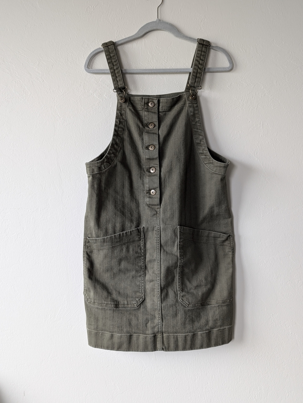 Duluth Overall Olive Green Utility Denim Pinafore Dress Cotton Blend Size M